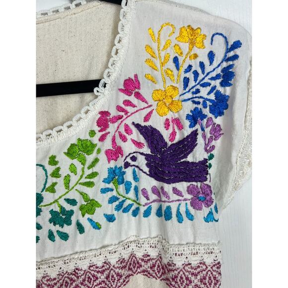 Cream Embroidered Floral Bird Colorful Cotton Boho Festival Dress Small Mexico - Picture 4 of 6